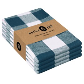 Native Fab 4-Pack Kitchen Towel with Hanging Loop 16x26 inches, Cotton Buffalo Check Kitchen Towels for Cleaning Drying, Washcloths Soft & Absorbent Cloth Rags, Bar Towel, Dish Cloth, Teal Green