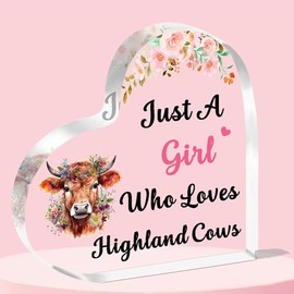 JETTOP Highland Cow Gifts Scottish Gifts for Women Gifts for Highland Cow Lovers Heart Plaque Acrylic Just A Girl Who Loves Highland Cows
