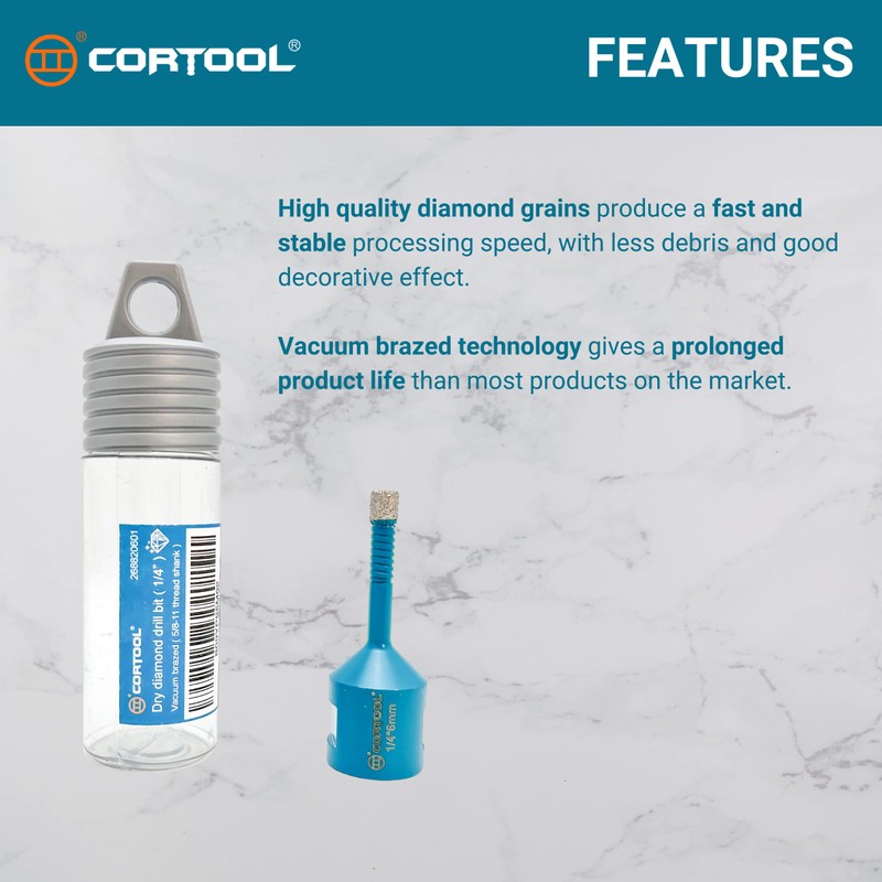 CORTOOL Dry Diamond Drill Bits 1/4 Inch for Porcelain Tile