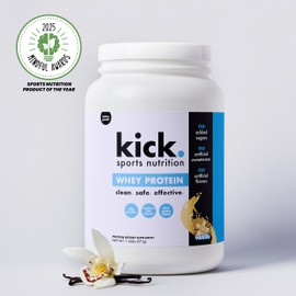 Kick Whey Protein Powder, Vanilla Flavor, 25 G Protein, Gluten Free Workout Supplement With Amino Acids to Support Fitness Goals & Digestive Wellness, No Added Sugar, No Artificial Flavor, 16 Servings