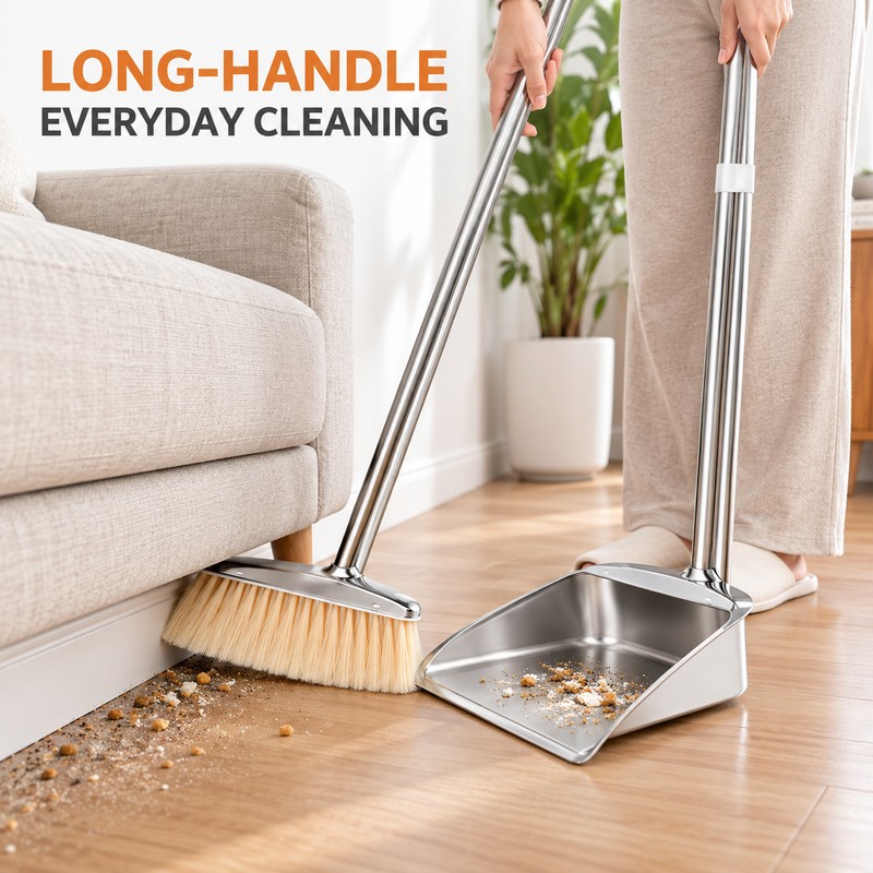 willstar Stainless Steel Broom and Dustpan Set, Long Handle Upright