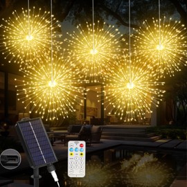 Solar Firework Hanging Lights Outdoor 5 in 1, 1000 LED Solar Starburst Sphere with USB Rechargerable, 8 Modes Waterproof Solar Fairy Lights for Gazebo Yard Party Wedding Christmas Decorations