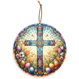 Easter Resurrection Cross Religious Stained Glass Look Holiday Tree Ornament/Rear View Mirror Hanging Ornament - Car Mirror Hanging Accessories