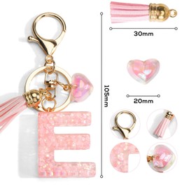 Key Chain with Letter, Initials Keyring with Heart Pendant, Pink Tassel, Gifts for Women, Bag Handbag Travel Decoration, E, Unit size