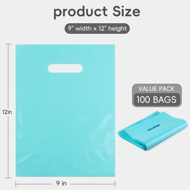 POPGIFTU Blue Plastic Carrier Bags 100 Pack - 23x30cm Glossy Blue Merchandise Retail Shopping Bags with Handles for Party Favors, Birthday, Boutique, Trade Shows, Small Business & Retail Store