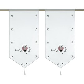 Yujiao Mao Pair of Sheer Curtain Rod White Short Embroidered Owl Grey 40 x 60 cm