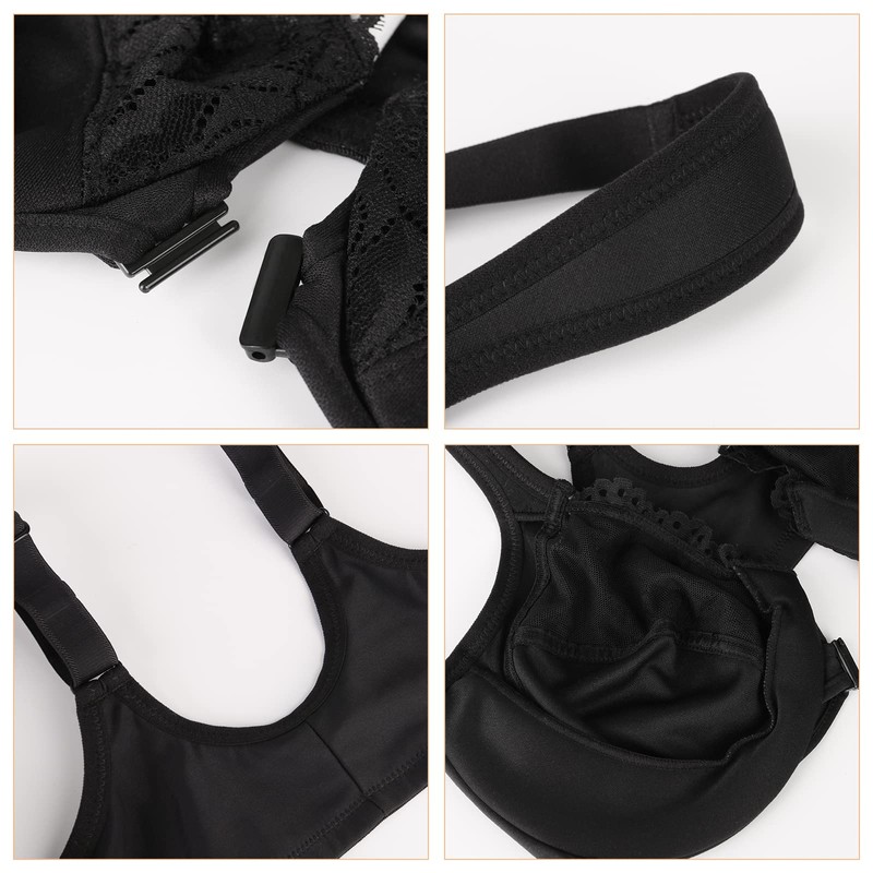 Lemorosy Wide Strap Front Closure Bra Lace Full Figure Underwire(Black