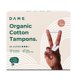 DAME – Toxin Free Tampons (56 Super) | 100% Organic Cotton & Natural Period Protection | Plastic-Free, Hypoallergenic, Sustainable | High Absorbency, Non-Applicator Tampons for Medium to Heavy Flow