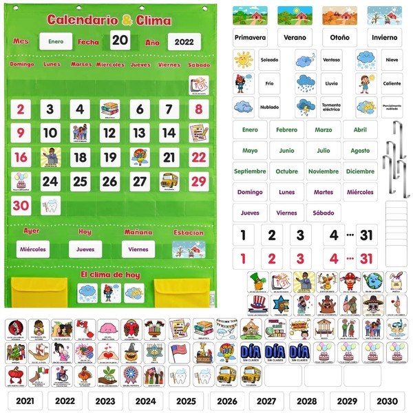 Spanish Calendar and Weather Pocket Chart - Includes 4 Exclusive Posters & 142 Cards - Kids Calendar for Classroom and Homeschooling - Calendario Para Niños by 177 NINTH
