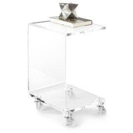 Clarte Clear Acrylic Rolling C-Table with Wheels | Side Table for Living Room or Nighstand for Bedrooms | Premium Durable Glass-Like Design | Base and Top Shelf