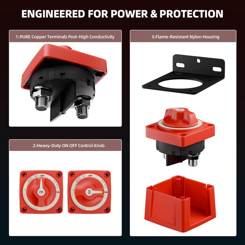 Battery Disconnect Switch with Mounting Bracket, 12-48V Heavy Duty Battery