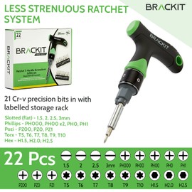 Brackit Dual Drive Ratchet T Handle Screwdriver and Bit Set – 22 Piece Precision Kit – 2 x Faster Than Regular Ones – Perfect Tool for Intricate Jobs