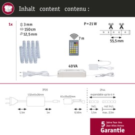 Paulmann 70531 MaxLED 1000 LED Strip Tunable White Base Set IP44 17 W 1020 lm/m Dimmable 1.5 m Silver Plastic 108LEDs/m