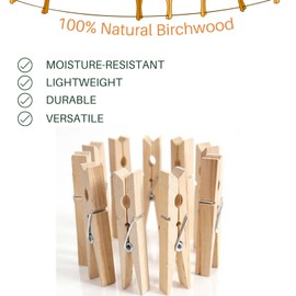 Wood Clothes Pin,Natural Birchwood Clothespins,Strong Grip,Heavy Duty Outdoor Clothes Clips for Hanging Clothes, Art, Crafts, Photo Displays,3.55 Inch,Pack of 24