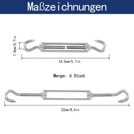 Turnbuckles, Rope Tensioner, Pack of 6, 304 Stainless Steel Adjustable Turnbuckle Hook CC, Tension Hook for Sun Sail, Rope, or Washing Line for Tensioning (Silver)