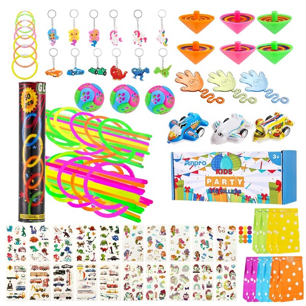Anpro Party Bag Fillers for Kids - 107 PCS Party Toys with Glow Sticks, Tattoos, Sticky Hands, Keychains, Prizes & More- Perfect Birthday Party Favors & XMAS Stocking Fillers for Boys & Girls