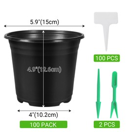 Huvai 100 Pack 0.5 Gallon Plastic Plant Nursery Pots Thickened Soft Plastic Plant Pots with 100 Pcs Waterproof T-Type Plant Tags and 2Pcs/Set Transplanting Digging Mini Tools(Black)
