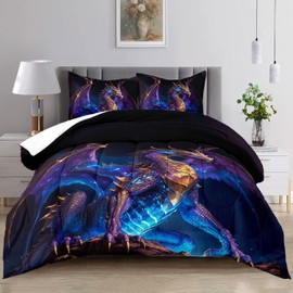 Raphus cucullatus Dragon Comforter Set Queen Size,Ancient Wild Animal Pattern Bedding Set,3D Dragon Cartoon Queen Bedding Sets for Boys