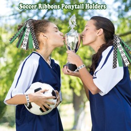 MatFirsmo Soccer Hair Accessories for Girls Women, Green Black Hair Ribbons Streamer Soccer Ponytail Holders and No Crease Elastic Hair Tie Bracelets, Soccer Gifts for Players Cheerleader Fans (5Pcs)