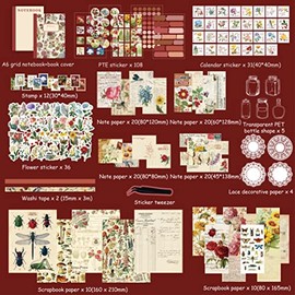 emmoolife Kit de suministros de álbumes de recortes estéticos vintage, kit de diario bullet junk botánico de flores con suministros de diario, pinzas,