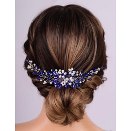 Wekicici Bride Blue Rhinestone Wedding Hair Comb Bridal Pearl Crystal Headband with Comb Flower Headpiece for Wedding Hair Accessories for Women Party Prom Hair Piece (Blue)