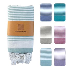 MOMOMUS XXL Beach Fouta or Fine Beach Picnic Blanket - Large, with Fringes, Striped - Large Beach Towel/Rug or Anti-Sand Beach Blanket - Turquoise, 210x240 cm