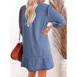 Dokotoo Womens Denim Dresses Casual Summer Short Sleeve Mini Jean Dress Loose Fit V Neck Babydoll Spring Dresses for Women 2025 with Chest Pocket Ashleigh Blue Large