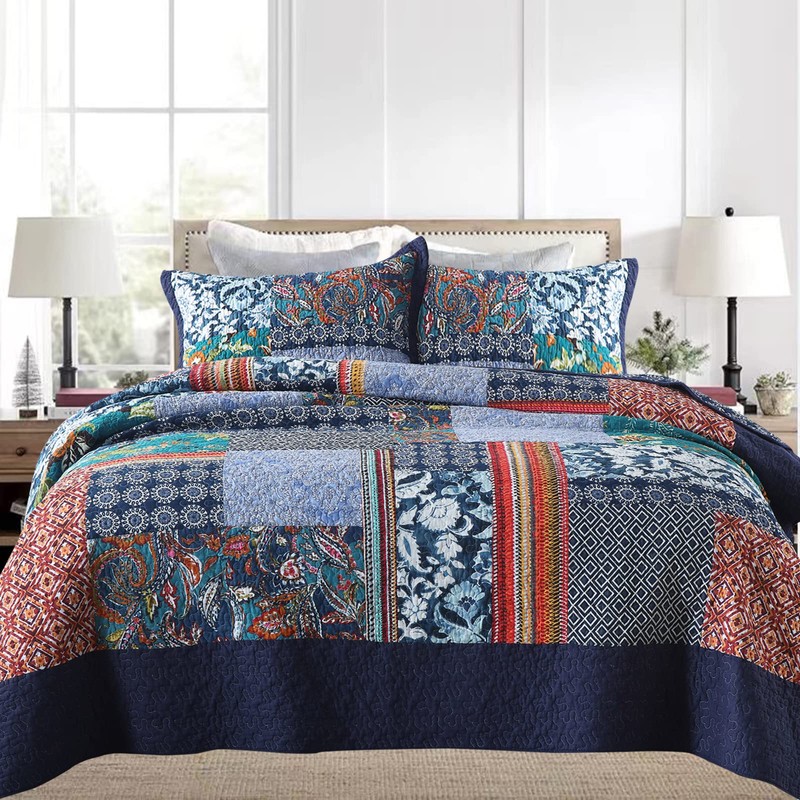 Yvooxny King Quilt Set Reversible Lightweight Bohemian Paisley Patchwork Cotton