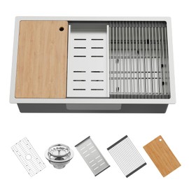 Kitchen Sink Workstation,32"x19" Stainless Steel Undermount Single Bowl Sink Built-in Ledge Drop In Workstation Sink Design For Placing/Sliding Accessories-Cutting Board,Drying Rack,Colander