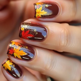 24Pcs Thanksgiving Press on Nails Short Square Fake Nails Fallen Maple Leaf Gold Glitter Full Cover Artificial Acrylic Brown Stick on Nails Autumn False Nails for Women Holiday Manicure Salon