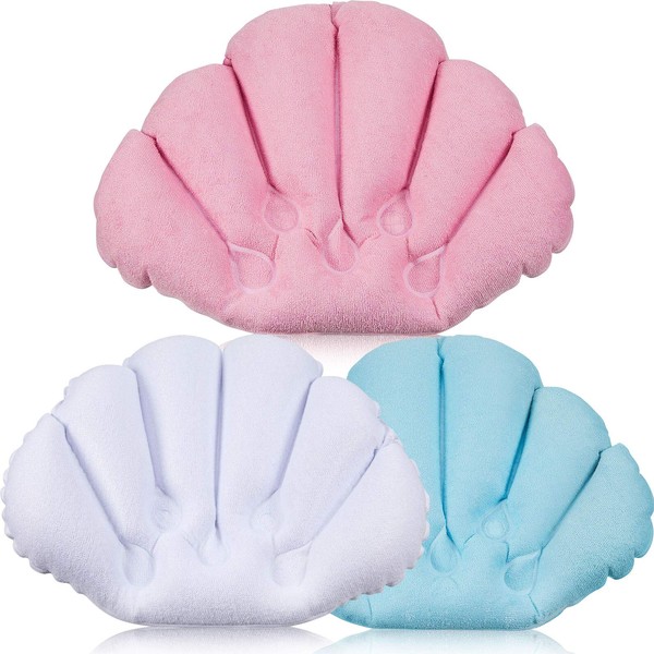 3 Pieces Inflatable Bath Pillow with Suction Cups, Terry Cloth Covered Bath Pillow Shell Shape Bathtub Spa Pillow Comfortable Soft Bath Cushion, Neck Support for Bathtub, Hot Tub (Pink, Green, White)