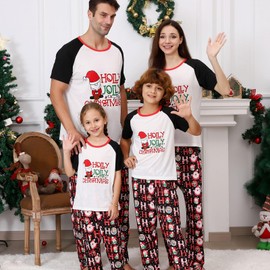 PYAEAS Christmas Pajamas for Family Matching Holiday PJ's Jammies Sets with Short Sleeve Tee and Pants Sleepwear Loungewear (Youth, 2-3T, White Holly)