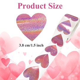 500 Pcs 1.5 Inches Valentine Heart Stickers for Kids Adult, Pink Glittery Roll Stickers Self-Adhesive Labels for Valentine's Day Anniversary Wedding Party Supplies