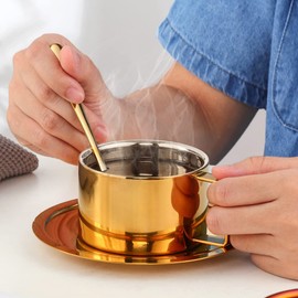 TUPMFG Stainless Steel Espresso Cups Set of 2, Thick-Walled Cappuccino Cups Set with Saucer and Spoon, 200 ml Small Coffee Cups, Colourful