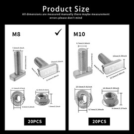 SyiXute 20 Pcs T Slot Bolts,Hammer Head Screws M8 x 25 Stainless Steel A2-70,T-Slot Track Bolts with 20 Pcs Hexagon Flange Nuts for Aluminum Profile,Photovoltaic Solar Panels