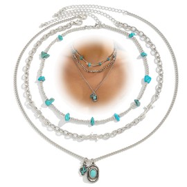 AllJunction Western Silver Turquoise Necklaces Stack Vintage Country Cowgirl Cowboy Hat Beaded Layered Choker Necklace Boho Hippie Jewelry Accessories for Women (3-layer)