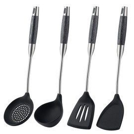 FJNATINH FJNATINH Silicone Wok Spatula,Slotted Spatulas,Ladle,Skimmer Ladle Tool Set,Non Stick Heat-Resistant Cooking Utensils BPA Free Kitchen Utensils Cookware (Black Stainless Steel-4PCS)