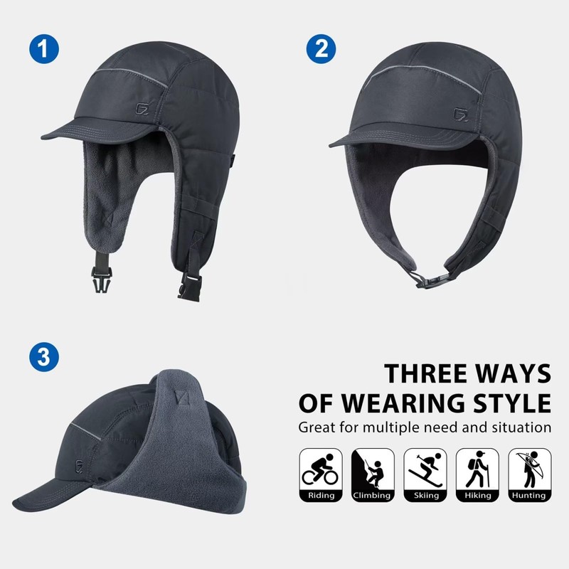 GADIEMKENSD Winter Trapper Hunting Hat with Earflaps Brim Visor Reflective