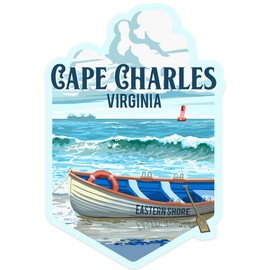 Die Cut Sticker Cape Charles, Virginia, Eastern Shore, Lifeboat on Beach, Contour Vinyl Sticker 1 to 3 inches (Waterproof Decal for Cars, Water Bottles, Laptops, Coolers), Small