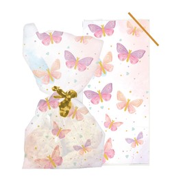 Anniversary House 20 pieces Butterfly BOPP Party Cellophane Bags, 12.5 x 28.5cm, Treat Bags, Party Bags, Including Twist Ties, Butterflies Party Bags for Fairy Parties, M595