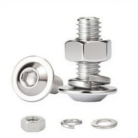 HAISHANG 10 Pcs M5 x 12mm Flanged Button Head Socket Cap Bolts, 304 Stainless Steel Nuts and Bolts Set, Allen Screws with Flat & Lock Washers Assortment Kit