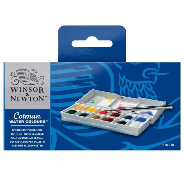 Winsor & Newton Cotman Water Colour Paint Sketchers' Pocket Box, Half Pans, 13 count (12 colors and a brush)