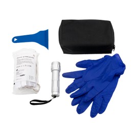 Kompaktes Sicherheitsset: Schwarze Tasche, Erste Hilfe, Schaber, Handschuhe, LED-Taschenlampe – bereit für jeden Notfall, praktisch und sicher