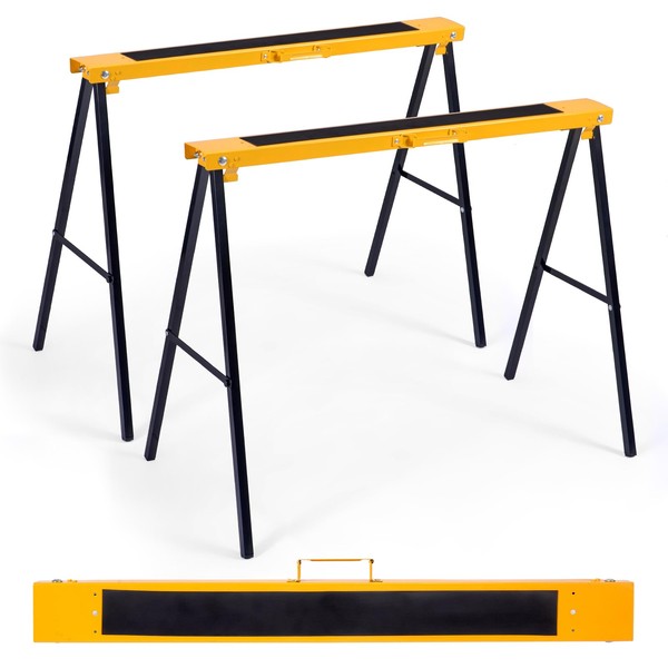 Goplus Saw Horses 2 Pack Folding, Portable Sawhorse with Fast Open Legs, Convenient Handle. Heavy Duty Steel Sawhorse for Woodworking, Carpenters, Contractors, Fully Assembled