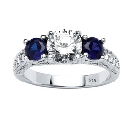 PalmBeach Sterling Silver Round Cubic Zirconia and Round Simulated Blue Sapphires 3-Stone Bridal Ring Sizes 6-10 Size 10