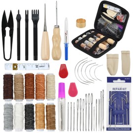 Leather Sewing Kit, Professional Leather Repair Kit with Upholstery Thread, Sewing Awl Hand Sewing Punch Stitching Needles for Craft DIY Tool (C sty)