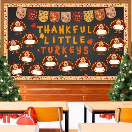 Thanksgiving Turkey Classroom Bulletin Board Kit, Thanksgiving Classroom Decoration Thankful Little Turkeys Bulletin Board for Thanksgiving Autumn Harvest School Chalkboard Wall Decor Supplies