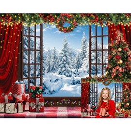 Caaerttply Christmas Backdrop for Photography Snowy Winter Forest Photo Background 10x8ft Xmas Wooden Window Photo Backdrop Santa Xmas New Year Backdrop Kids Family Holiday Party Decor Photo Props