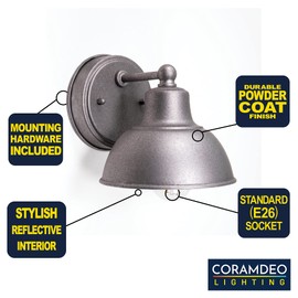 CORAMDEO Oakhouse Indoor or Outdoor 6” Barn Light, E26 Socket, Farmhouse Wall Fixture for Porch, Patio, Hallway, Bedroom or Bathroom in Galvanized Finish & White Reflective Interior, Wet Location