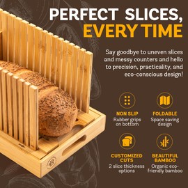 Bread Slicer for Homemade Bread - BAMBUSI New Upgrade Bamboo Bread Cutter with Adjustable Width, Foldable Compact Slicing Guide and Crumb Tray - Bread Cutter for Loaf, Cake, Bagels - Gift for Bakers